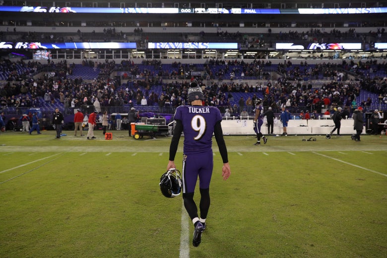 BALTIMORE, MD - OCTOBER 21: Kicker Justin Tucker #9 of the Baltimore Ravens runs off the field after New Orleans Saints wins 24-23 at M&T Bank Stadium on October 21, 2018 in Baltimore, Maryland. (Photo by Patrick Smith/Getty Images)